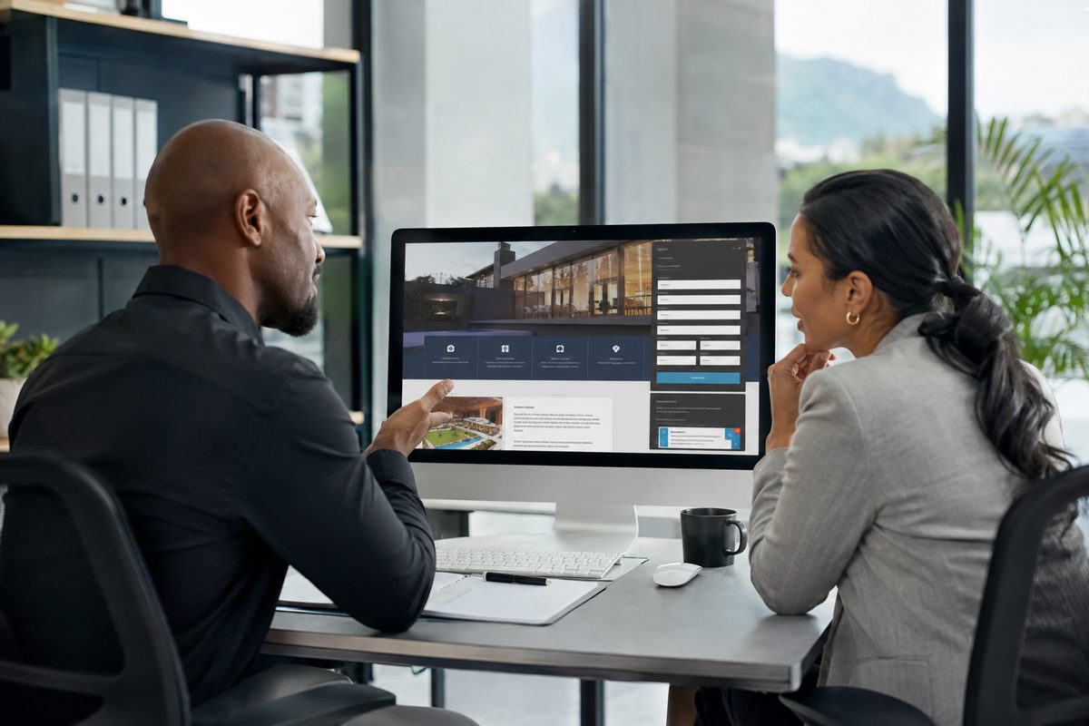 Two people reviewing a newly designed business website on a desktop monitor